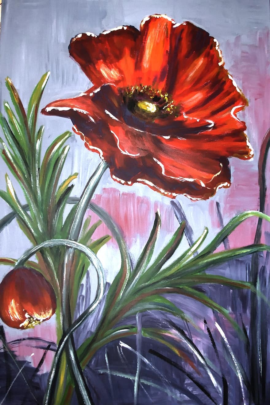 Painted Poppy, Brush Strokes, Canvas