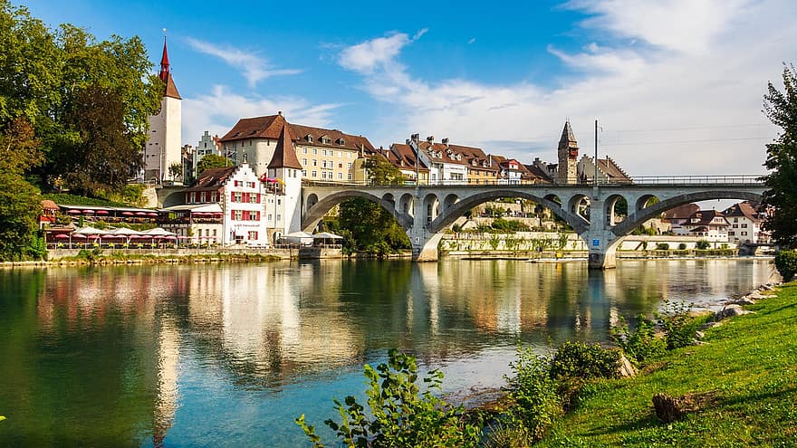 río, puente, pueblo, banco, orilla del río, bremgarten, Suiza, centro Historico, paseo, destino turístico, pueblo Viejo