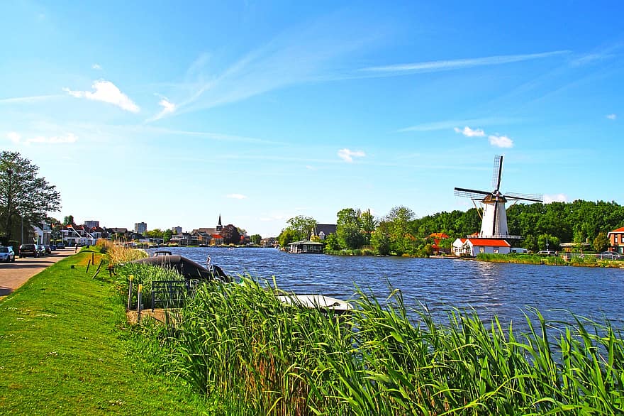 Mill, Boats, Water, Air, Clouds, Netherlands, The Four Winds, Terbregge, summer, landscape, rural scene