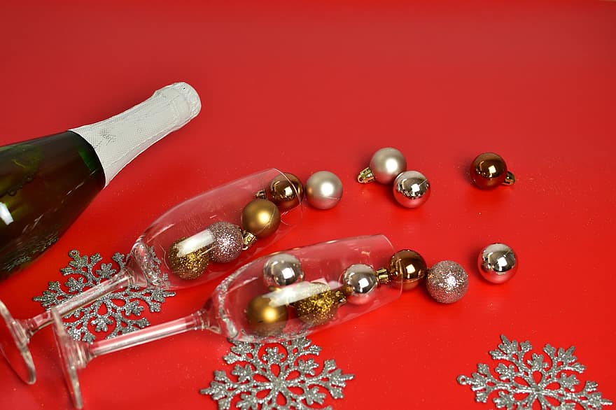 fest, jul, champagne, parti, tæt på, baggrunde, kapsel, dekoration, flaske, enkelt objekt, glas