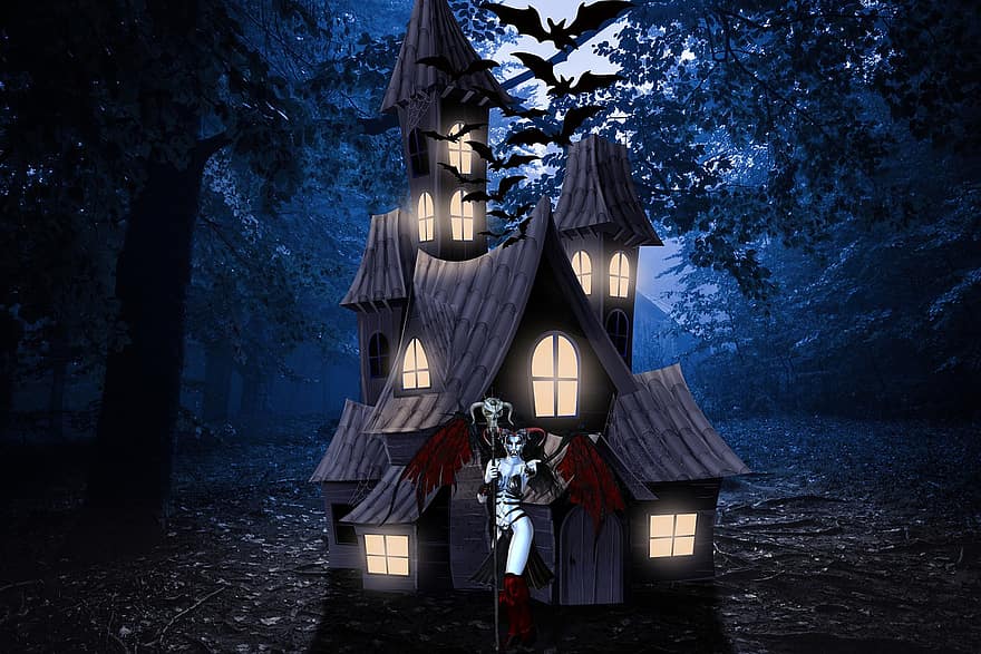 ragana, apsėstas namas, Helovinas, miškas, miškai, fonas, šikšnosparniai