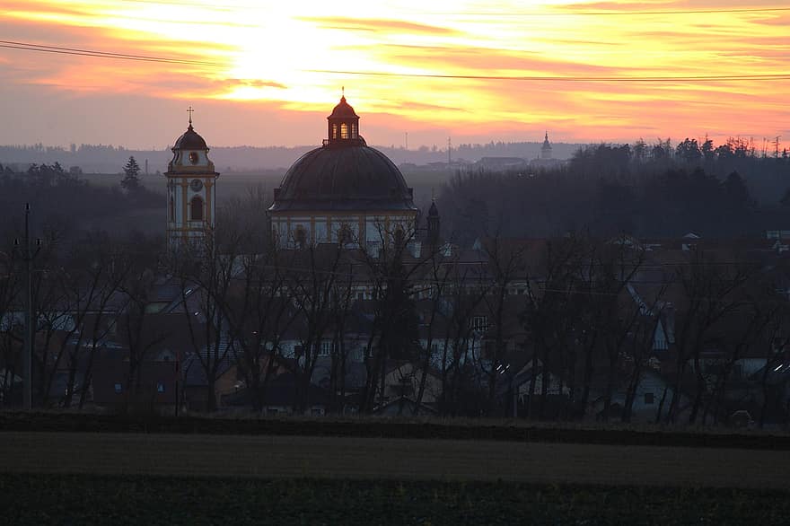 Чеська Республіка, природи, подорожі, захід сонця, сільській місцевості, Jaramice, архітектура, мечеть, сутінки, релігія, християнство