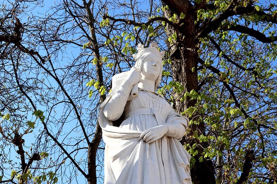 escultura, estatua, pierre, reina, reina de francia, patrimonio, Art º, senado, París, Francia, hojas de arboles