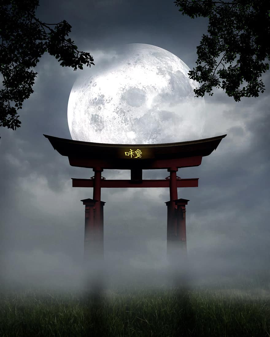 ovi, tori, pyhäkkö, Japani, portti, temppeli, torii, bonsai, pilviä, Rakas, kuu