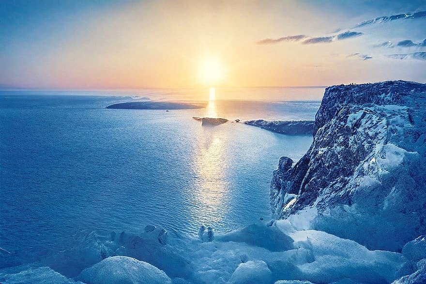 冬、海、ウクライナ、太陽、雪、氷、水、崖、海岸、自然、黄