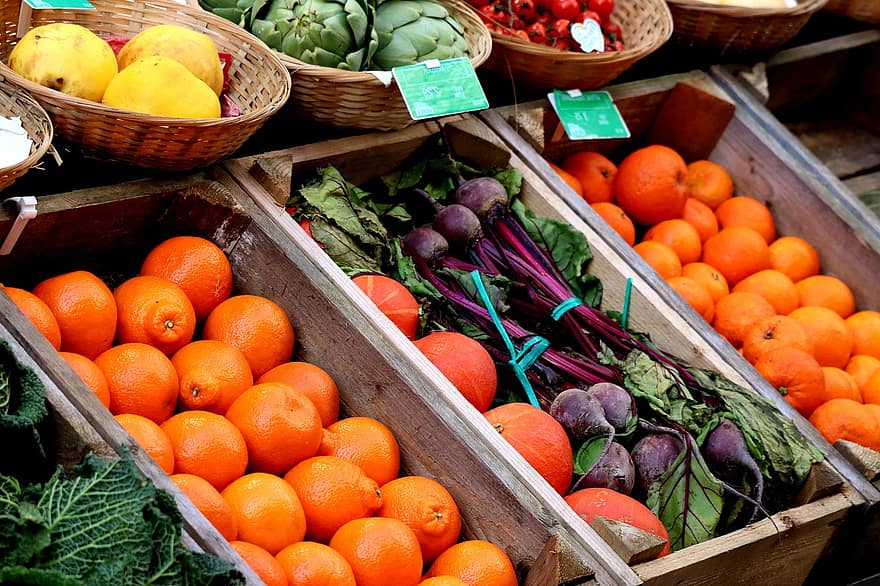 turgus, vaisiai, daržovės, prekystalis, apelsinai, kopūstai, sveikas, šviežumas, maisto, sveika mityba, daržovių