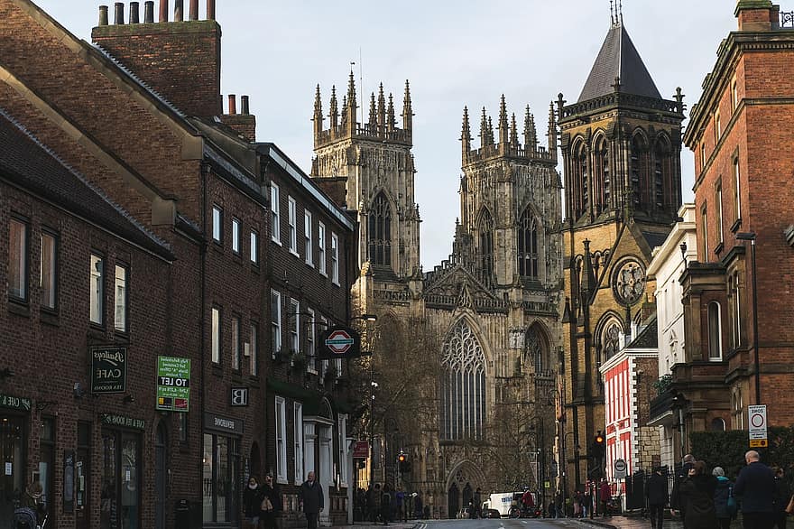 York Minster, Road, Town, Street, People, Towers, Cathedral, Church, Gothic, Medieval, Christianity
