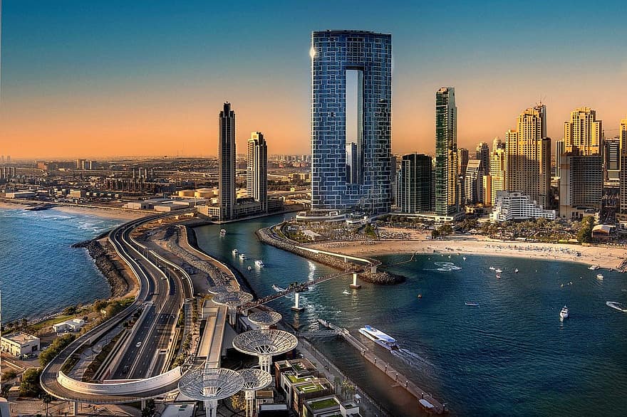 zgârie-nori, luxos, clădire, Dubai, arhitectură, oraș, ferris roată, mare, plajă, apus de soare, expunere lungă