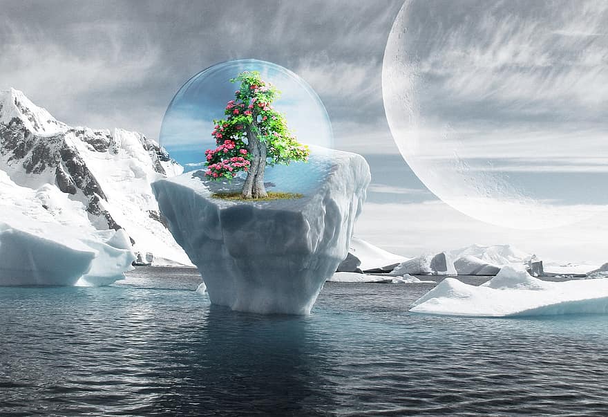 Isolation, Iceberg, Bubble, Water, Frost, Nature, Stones, Cliff, Moon, Fantasy, Harmony