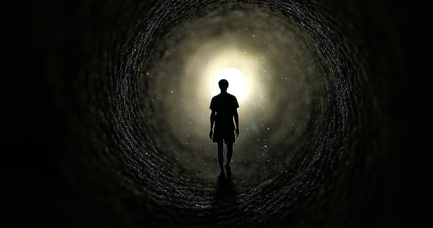 muž, sama, osoba, člověk, tunel, perspektivní, světlo, budoucnost, cesta, stín, dveře