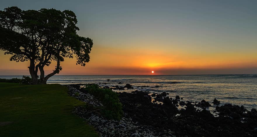 strand, solnedgang, horisont, hav, ocean, marinemaleri, sol, skumring, tusmørke, hawaii, landskab