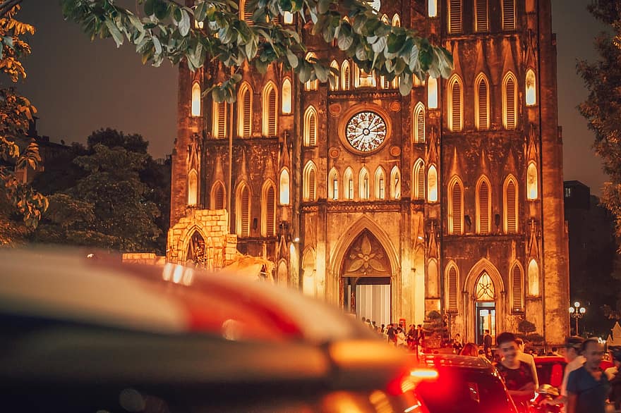 katedrála sv josefa, Vietnam, noc, architektura, Hanoi, Asie, kostel