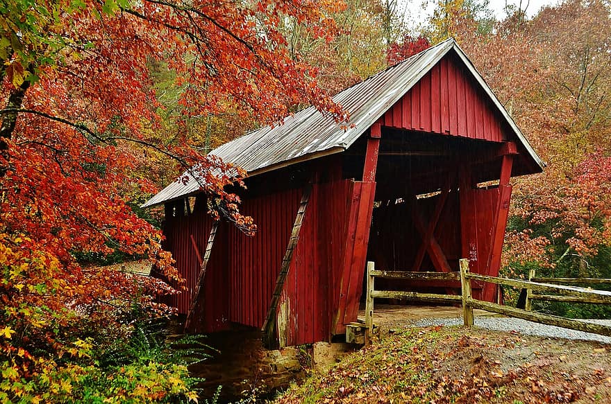 есен, гора, мост, падане, природа, пейзаж, САЩ, дърво, селска сцена, листо, стар
