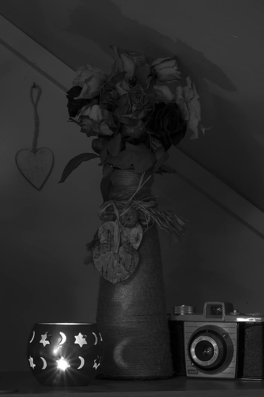 blomster, interiørdesign, lampe, bukett, blomstervase, vase, svart og hvit, gammeldags, bord, kamera, grafisk utstyr