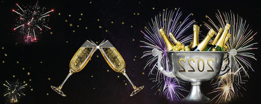 Sylvester, vuurwerk, nieuwjaarsdag, viering, feest, 2022, mousserende wijn, Gefeliciteerd, Nieuwjaar, Champagne, succes