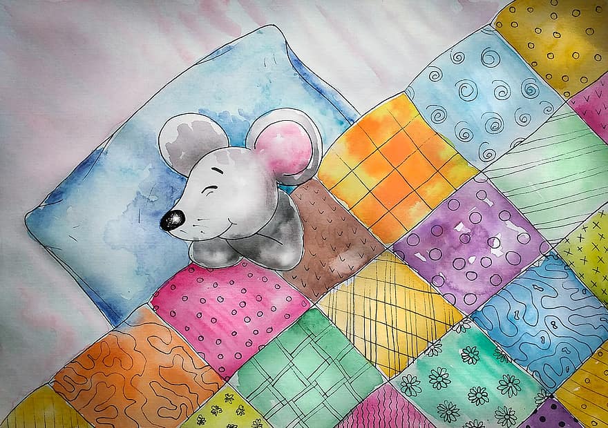 Mouse, Dream, Sleep, Bed, Blanket, Pillow, Watercolor, History, Paints, Handmade Graphics, Traditional Pattern