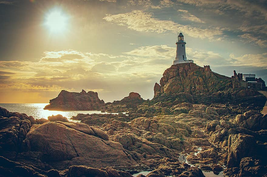 Lighthouse, Cliffs, Sunset, Coast, Sea, Ocean, Sun, Sunlight, Rocky, Rocks, Coastline