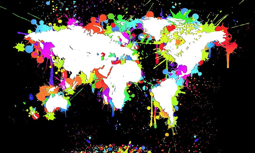 World, Map, Map Of The World, White, Black, Splash, Color