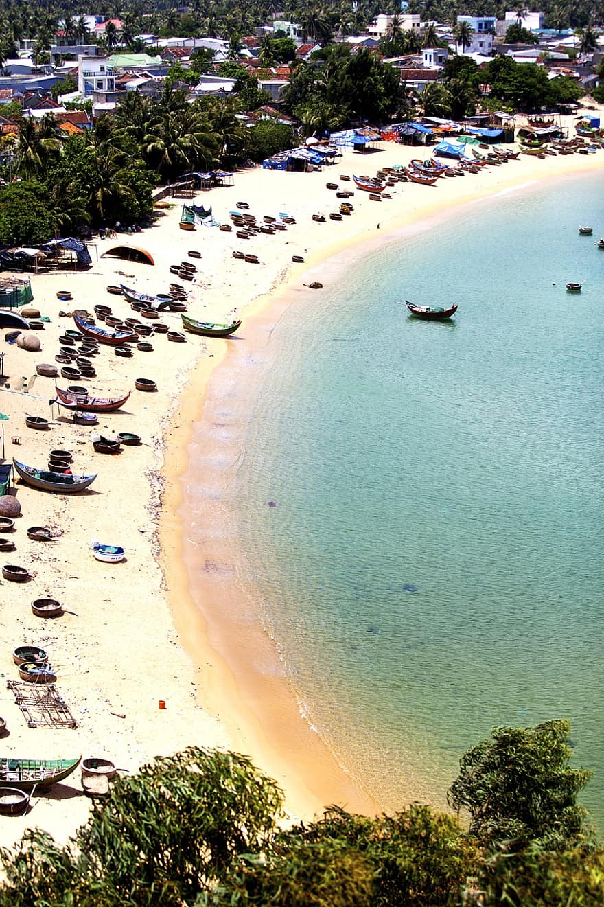pantai, laut, kapal, Pantai Quy Nhon, Vietnam, pasir, garis pantai, musim panas, liburan, air, iklim tropis