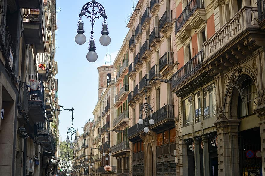 улица, сгради, архитектура, исторически, стълб за лампа, Барселона, град, известното място, външна сграда, култури, изградена конструкция
