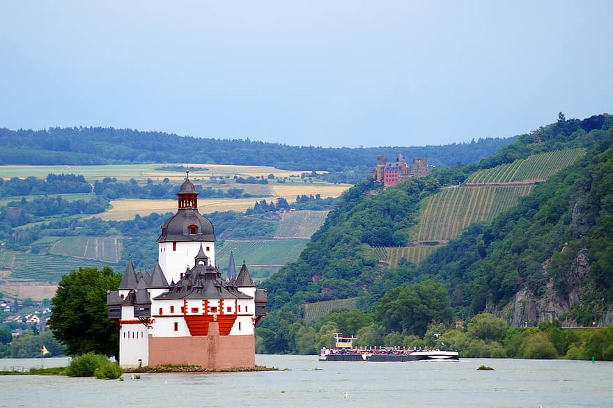 Castello Pfalzgrafenstein, isola, fiume, pfalz, Reno, castello, punto di riferimento, storico, barca, Kaub, Germania