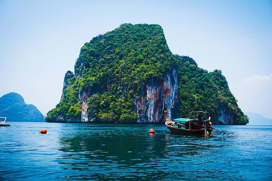 остров, лодка, море, океан, вода, панорамен, природа, остров Хонг, Краби, Тайланд