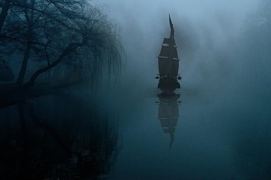 фон, дерева, річка, туманний, корабель, фантазія, цифрове мистецтво, туман, води, загадковість, моторошний