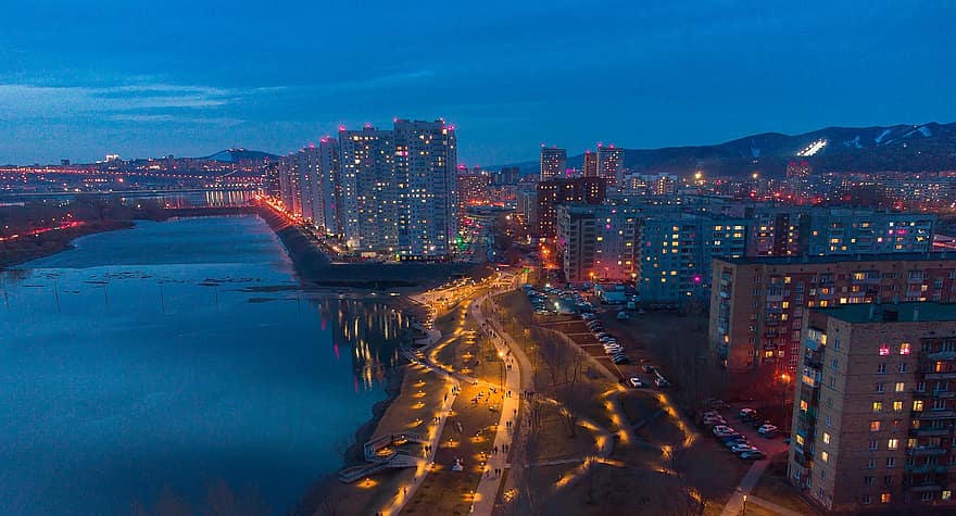 Krasnoyarsk, Siberia, río, yenisei, ciudad, noche, cielo, viaje