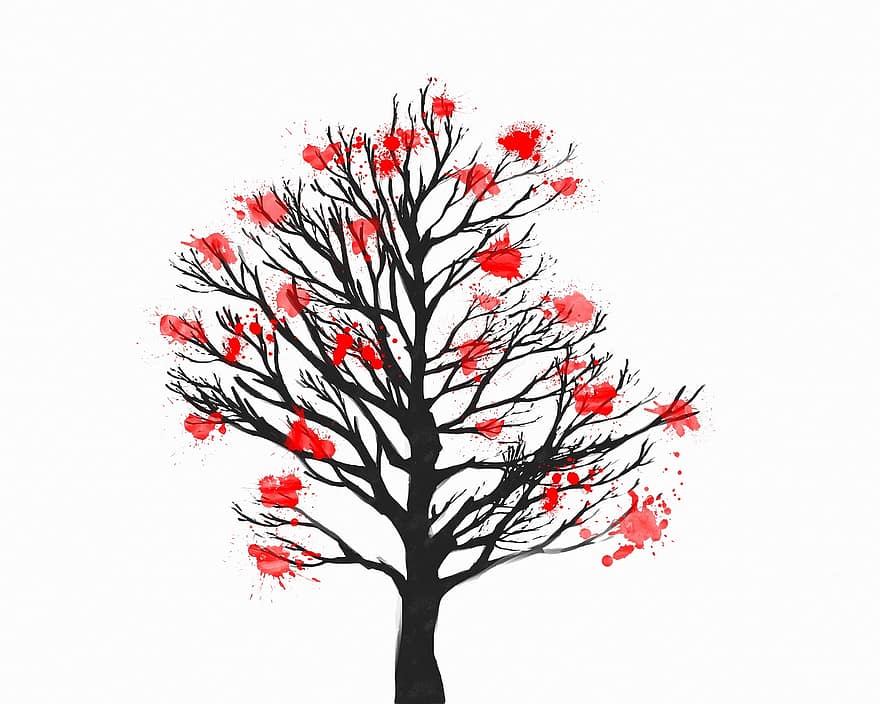árbol, ramas, las flores, acuarela, chapoteo, hoja, ilustración, vector, otoño, planta, temporada