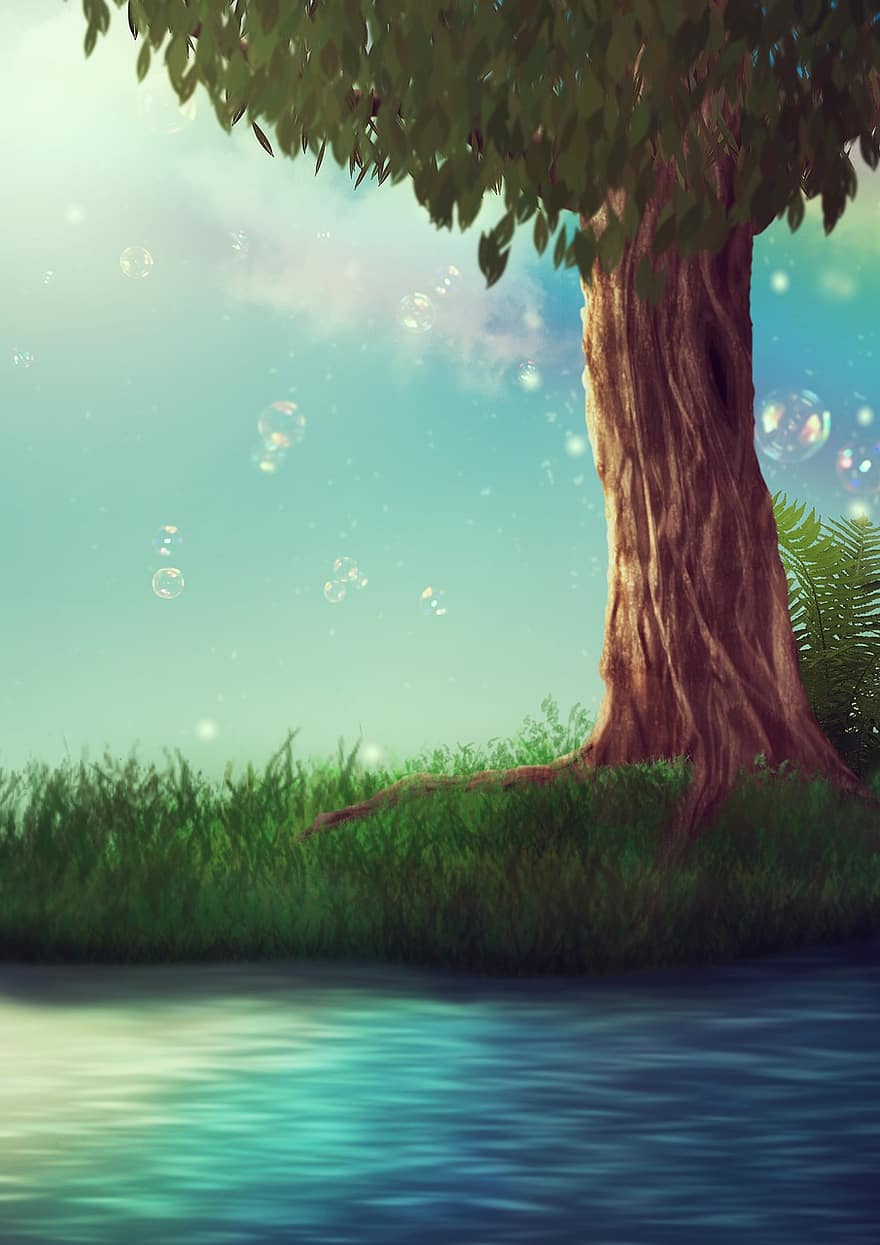 дерево, озеро, луг, радуга, мыльные пузыри, Солнечный лучик, настроение, поздравительная открытка, мечтательный, атмосфера, лиственное дерево