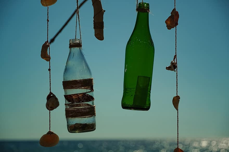 бутылки, украшение, море, океан, природа, воды, веревка, кран, строительная техника, бутылка, летом