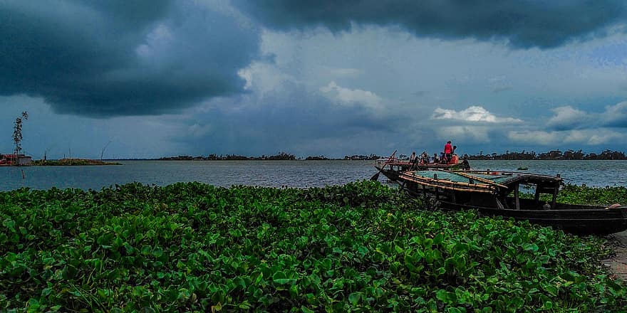 曇り、自然、川、雨、空、ボート、雨の、水、バングラデシュ、ダッカ、村