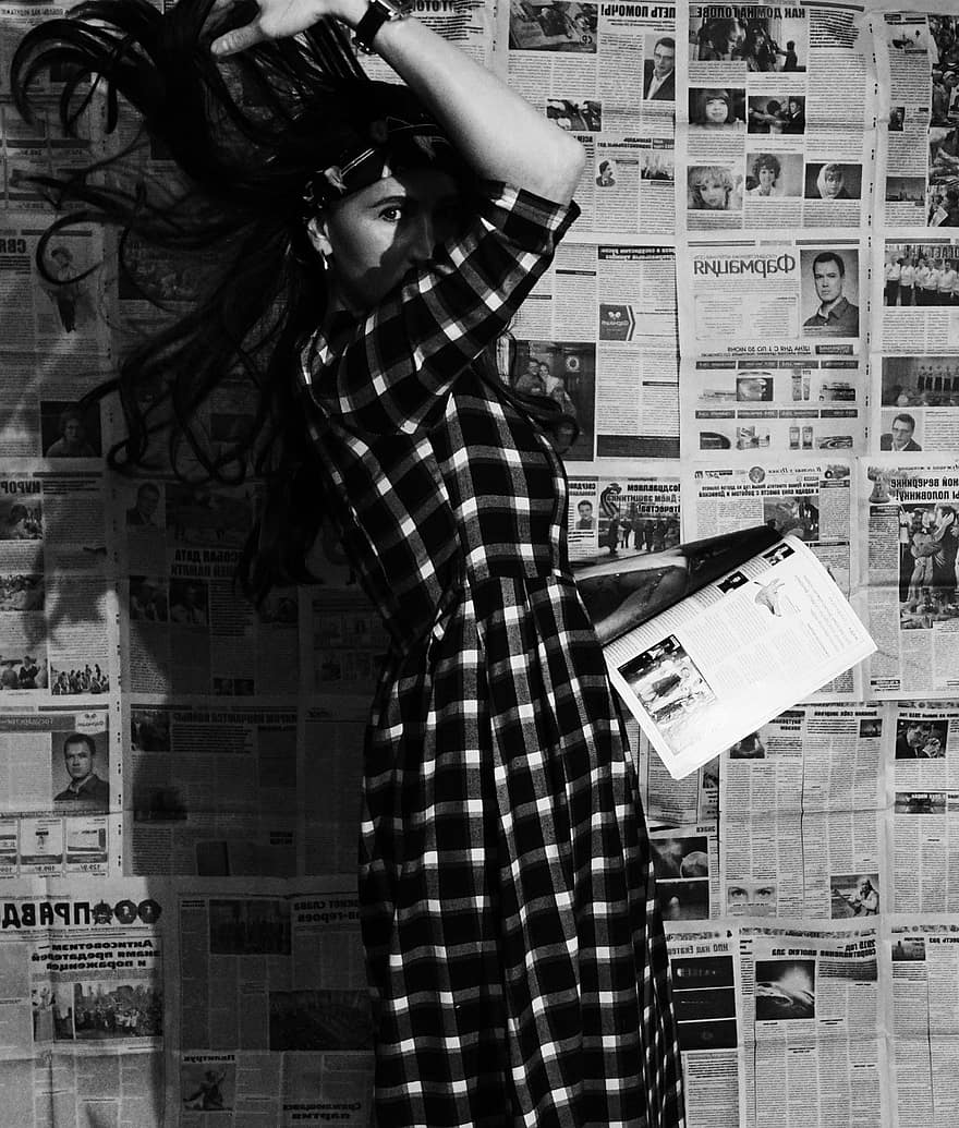 Young Woman, Newspapers, Portrait, Brunette, Woman, Dress, Monochrome, Fashion, one person, black and white, women