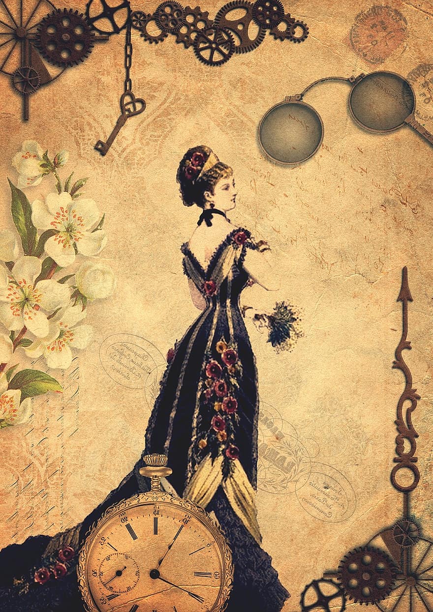 steampunk, l'horloge, Dame, victorien, montre de poche, fleurs, clé, modèle, damassé, tampon de la Poste, grunge