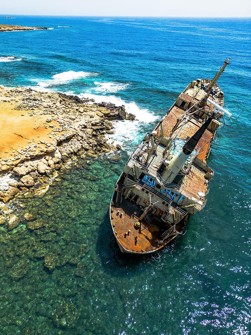 vaixell, fer mal, naval, abandonat, mediteran, mar, paisatge, blau, drone
