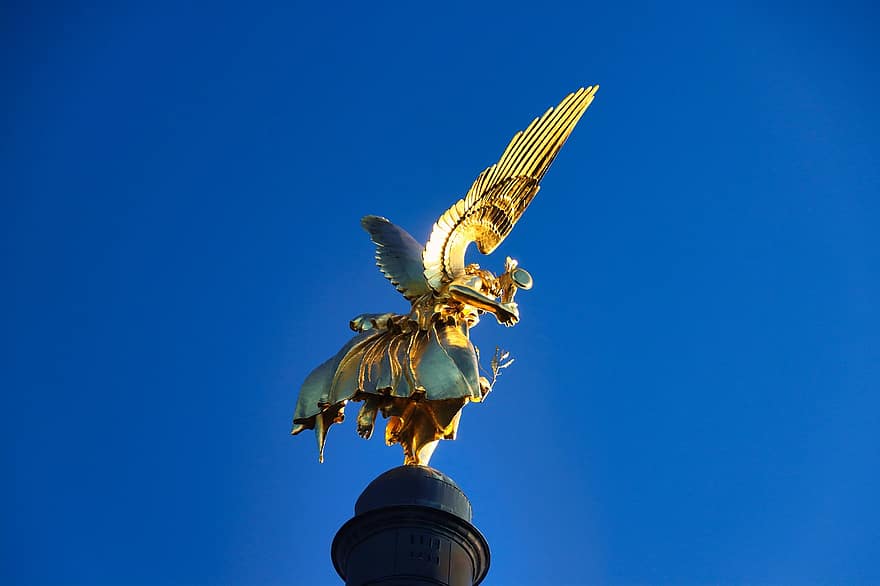 天使、記念碑、平和、ランドマーク、ミュンヘン、平和記念碑、翼、青、シンボル、歴史、像