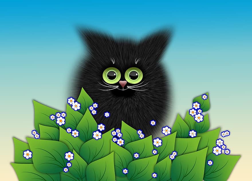 kačiukas, juoda, pūkuotas, iliustracija, vektoriaus, gėlės, mielas, katė, akys, gyvūnams, kailiai