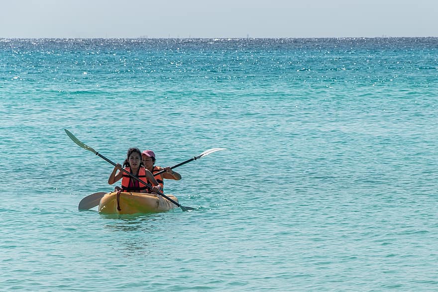 sports nautiques, bateau, mer, océan, tropical, Caraïbes, faire du kayak, eau, rame, sport, les vacances