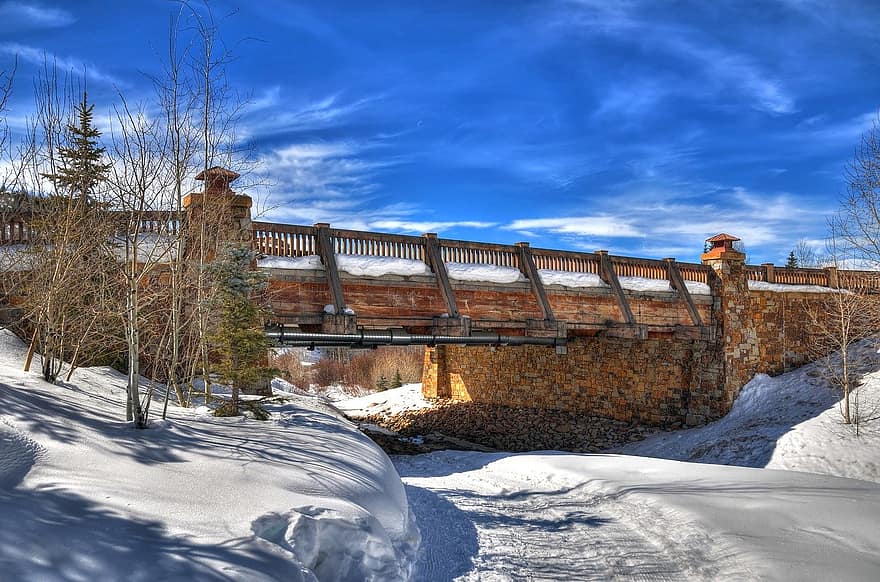 puente, invierno, Alpes, álamo temblón, Colorado, río congelado, naturaleza