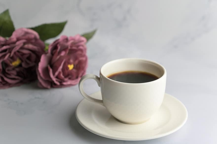 kaffe, blomster, drikke, koffein, kaffekop, tæt på, friskhed, baggrunde, bord, varme, temperatur