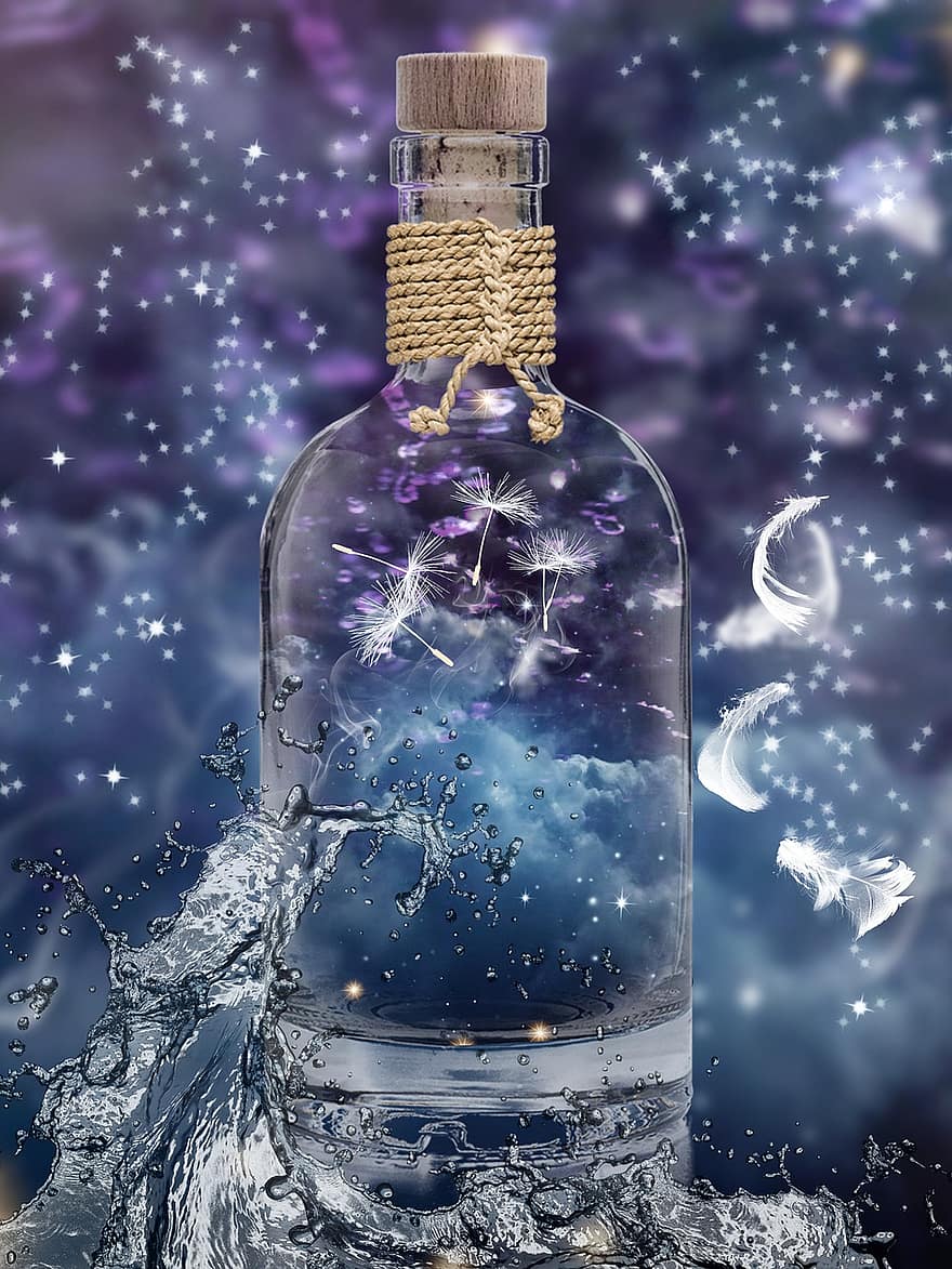 botella, corcho, pluma, idea, agua, ola, naturaleza, invierno, sueño, fantasía, celebracion