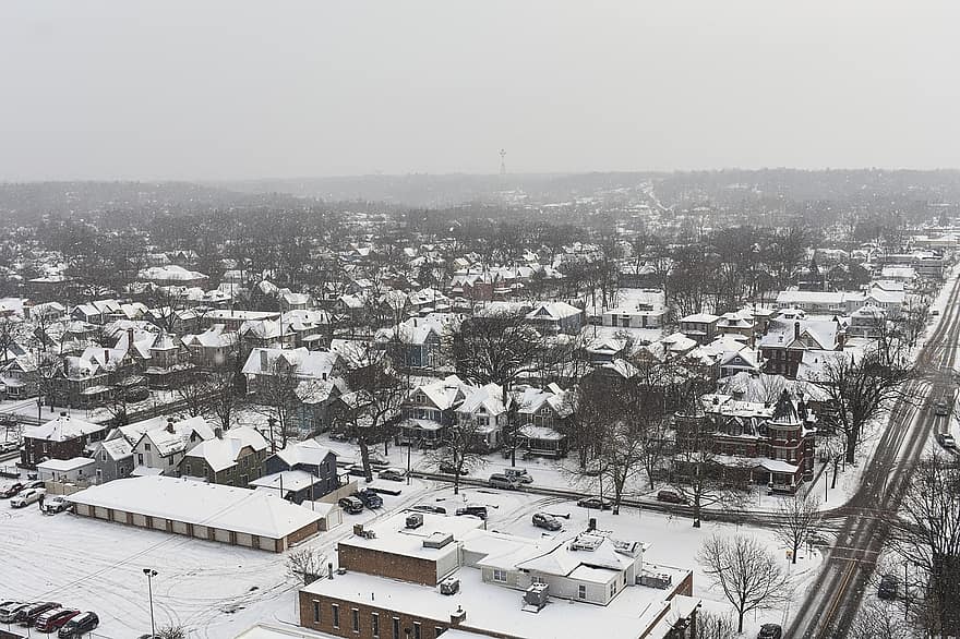 град, зима, САЩ, сняг, квартал, къщи, градски пейзаж, архитектура, покрив, висок ъгъл, изглед от въздуха