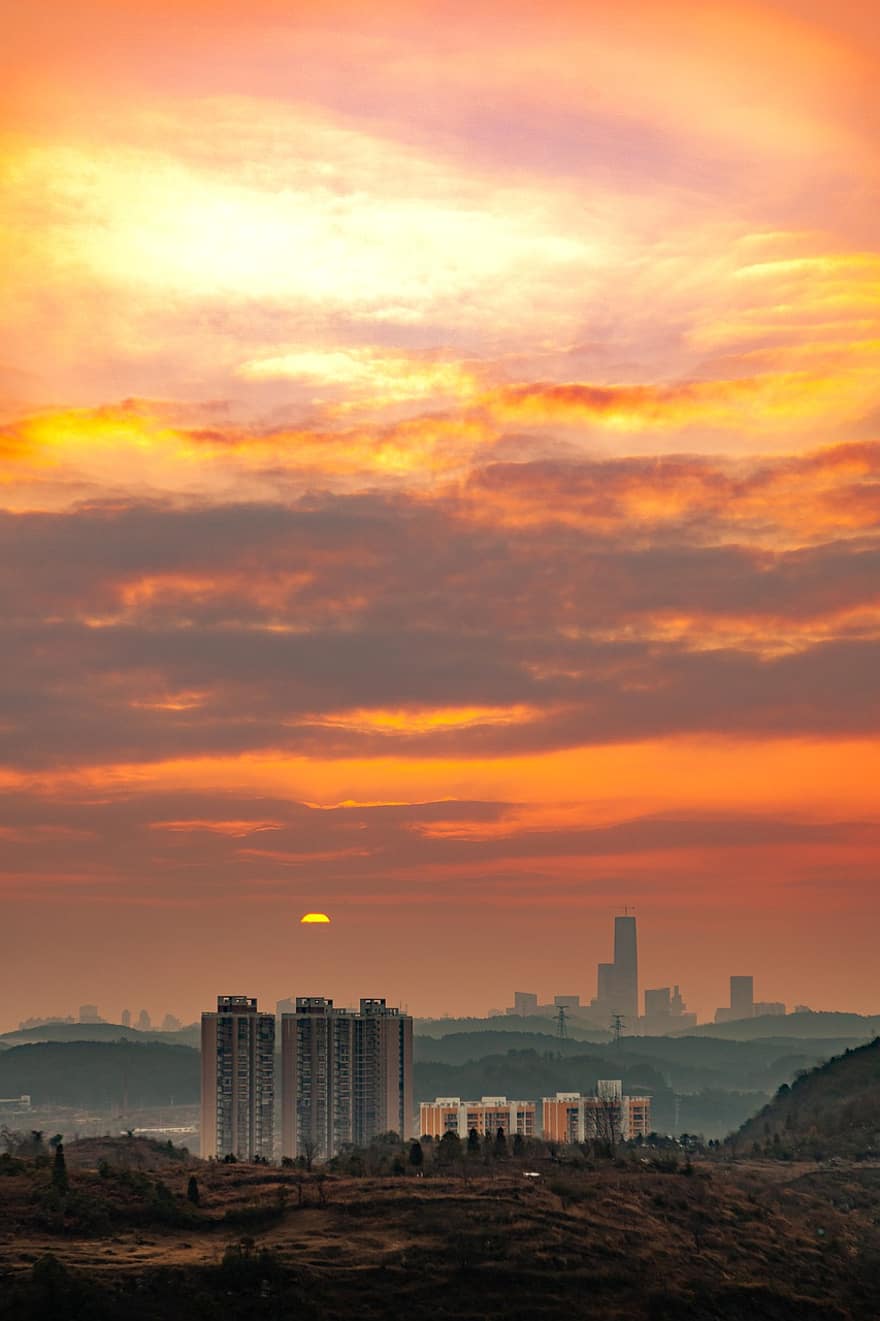 будівлі, захід сонця, горизонт, сутінки, небо, місто, guiyang, міський пейзаж, міський горизонт, сонце, архітектура