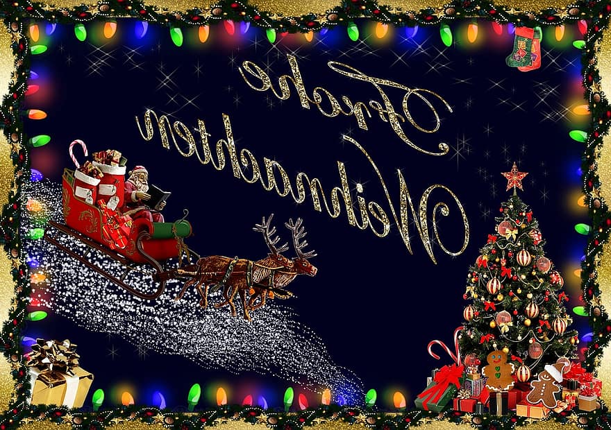 Boże Narodzenie, kartka świąteczna, świąteczne pozdrowienia, niebieski, Święty Mikołaj, ślizgać się, renifer, jodła