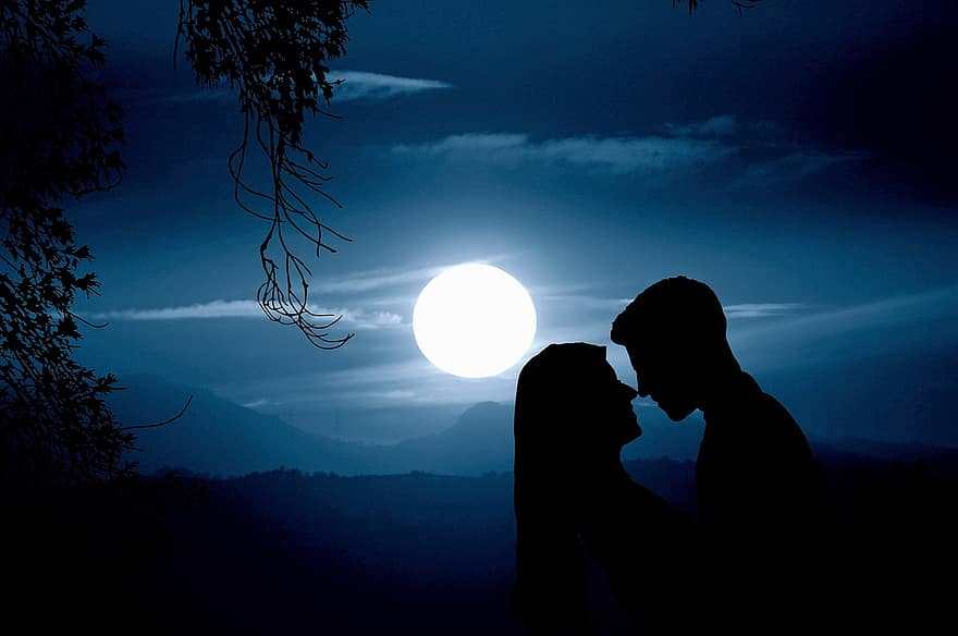 cuplu, noapte, lumina lunii, dragoste, fericire, bucurie, angajament, căsătorie, îndrăgostiți, relaţie, siluetă