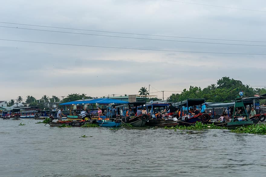 mercato, barca, fiume, zattera, Asia