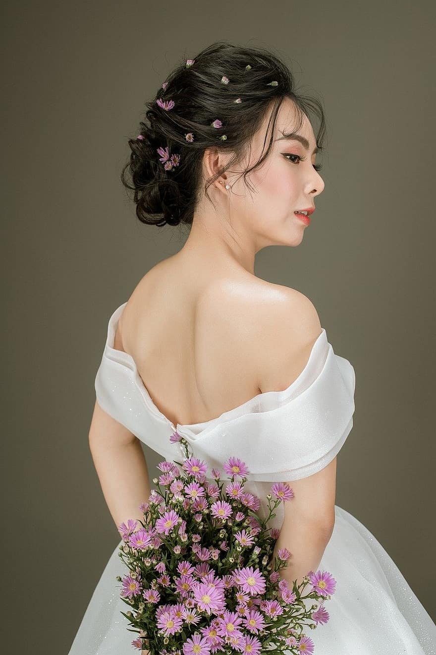 woman, bride, flowers