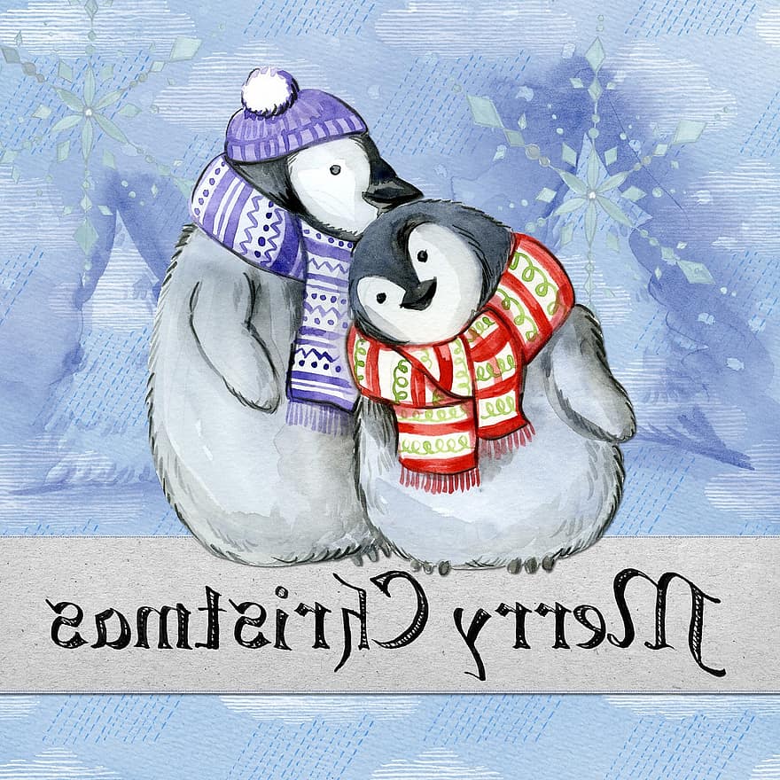 щасливого Різдва, пінгвін, акварель, картки, зима, сніг, Різдво, милий, дерево, сніжинка, орнамент