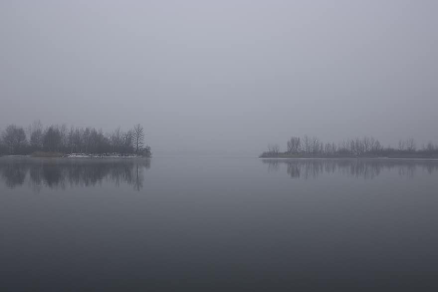 junto al lago, lago, niebla, invierno, enviar, casa, agua, reflexión, azul, paisaje, bosque