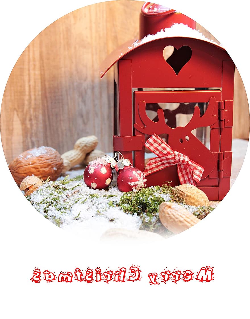 Vánoce, lucerna, Červené, ořechy, dekorace, zimní, světlo, nálada, osvětlení, vánoční dekorace, sníh
